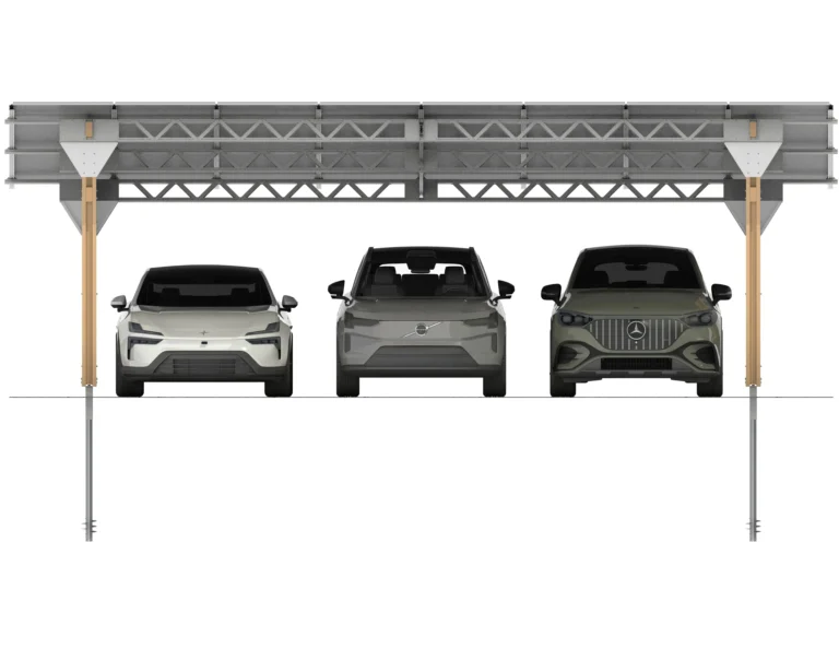 Render van TerraTechs' duurzame solar carport met drie elektrische auto's eronder geparkeerd